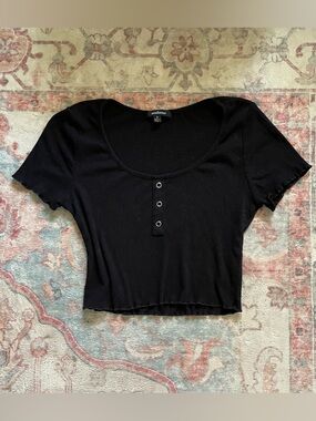Ambiance Black Ribbed Scoop Crop Top with Button Placket